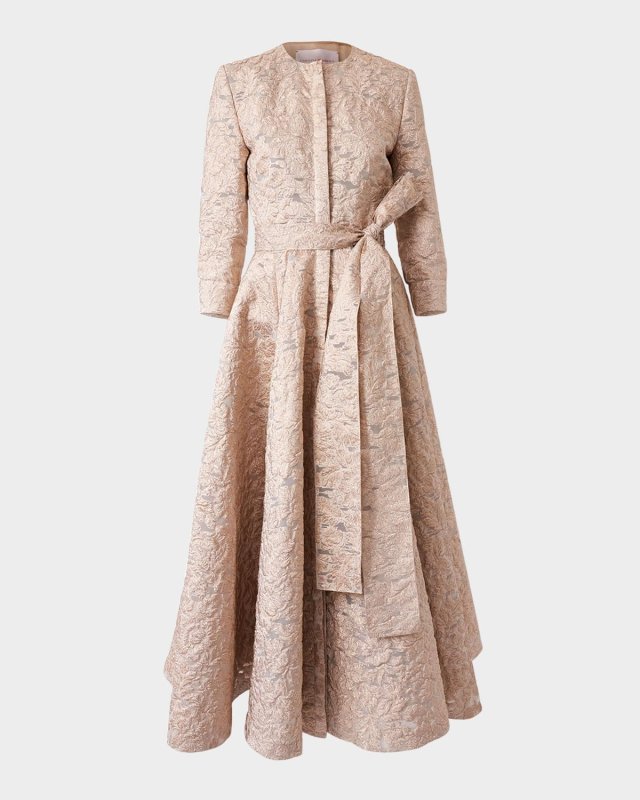 Metallic Floral Brocade Belted Midi Trench Dress